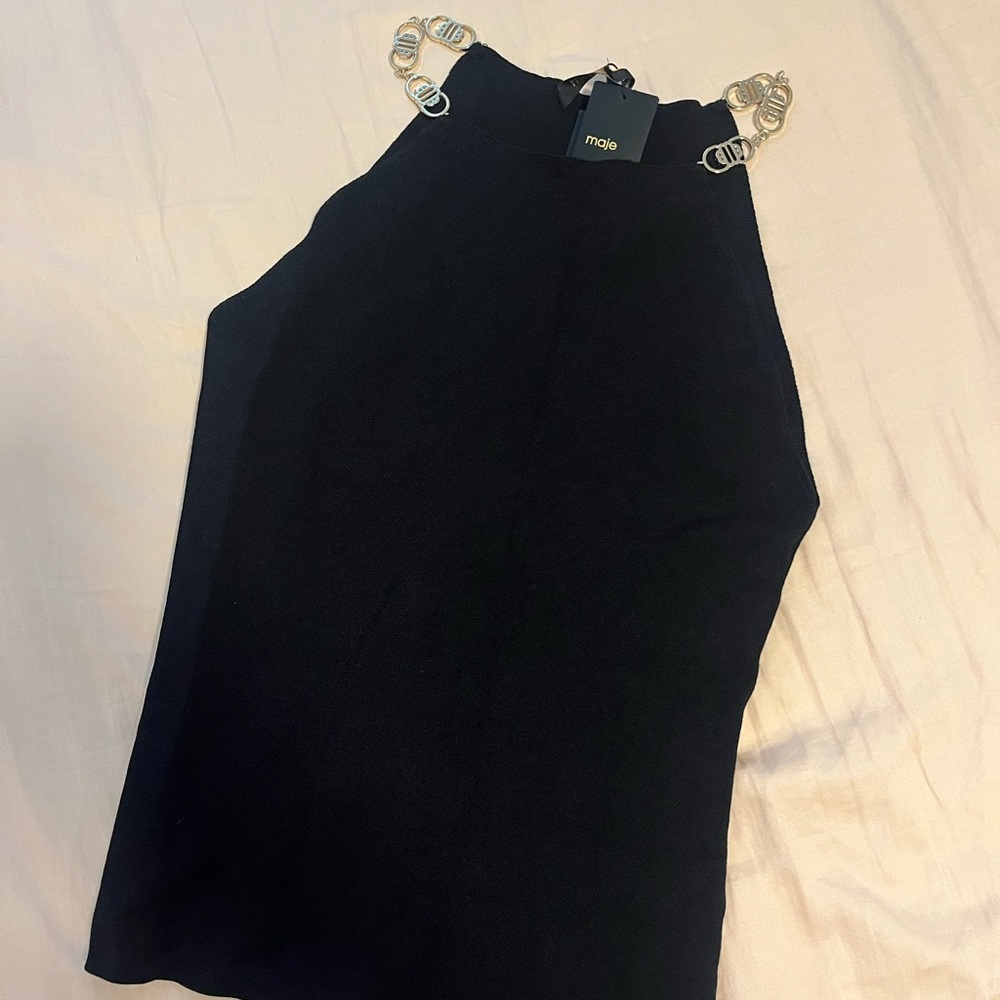 Maje Morrison Black Stretch Knit Top with Gold Chain Straps